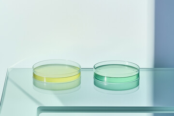 Two petri dishes containing yellow and green liquids, placed on a transparent surface, showcasing experimentation in a laboratory environment.