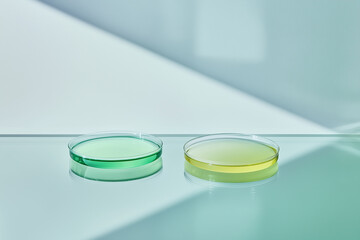 Two petri dishes, one green and one yellow, placed on a reflective surface, showcasing a minimalist lab environment.