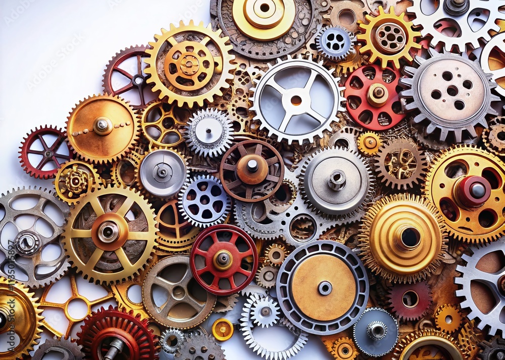 Poster intricate metal gears and cogwheels on a clean white background, showcasing industrial precision and
