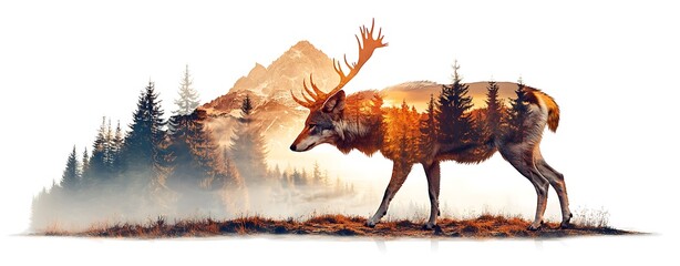 Double Exposure of hybrid animal, Merged Wolf and Stag in a Realistic Landscape