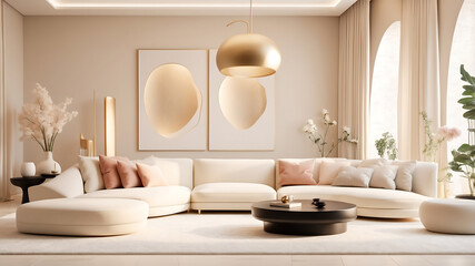 Modern Beige Living Room with Arch Windows and Cozy Sectional