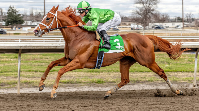 Racehorses galloping at full speed on a dirt track with vibrant jockeys in colorful silks