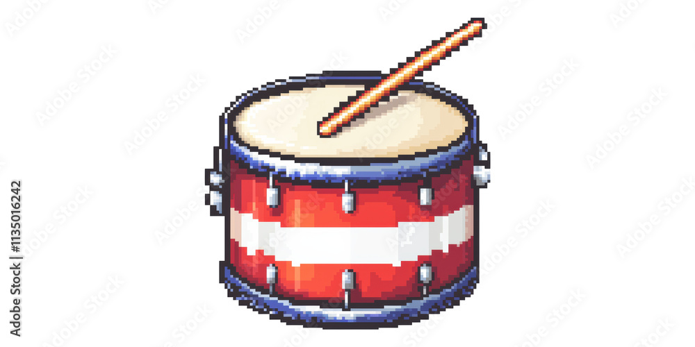 Poster retro pixel drum with drumstick isolated on transparent background