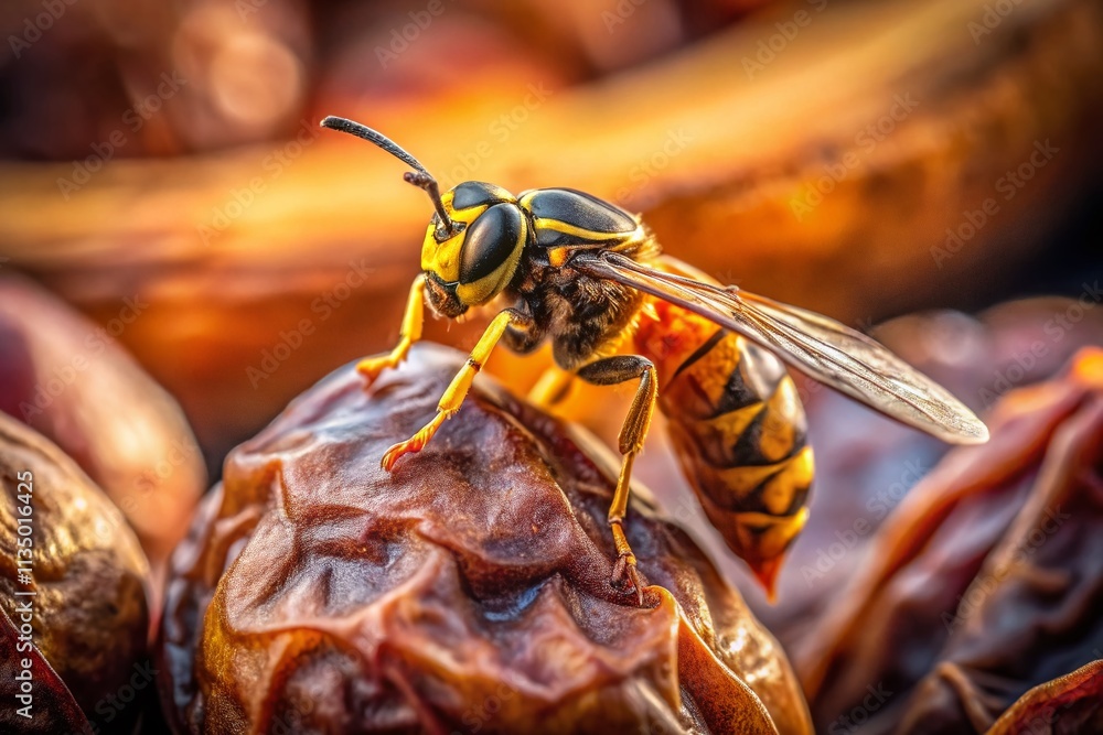 Poster intriguing double exposure of a wasp on dry dates fruit with animal close-up background capturing th