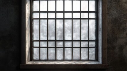 Frosted Glass Window with Metal Bars in a Dark Prison Environment