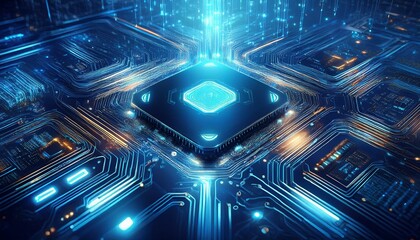 Artificial intelligence chip on circuit board in futuristic concept technology background, future business innovation design