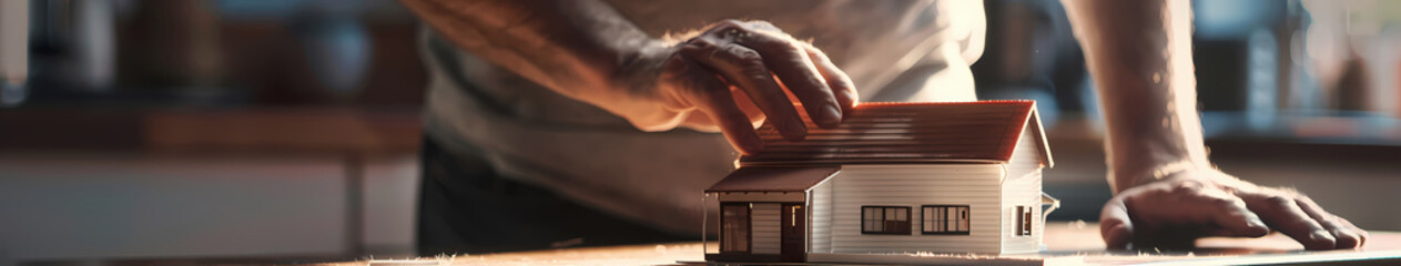Obraz premium Homeownership Dreams: A person's hands gently caress a miniature house model, symbolizing the hopes, dreams, and aspirations of homeownership. The warm lighting adds a sense of comfort and security.