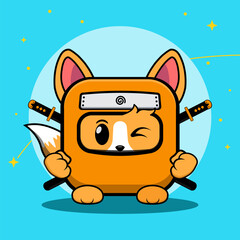 Cute Orange Rounded Square Fox Ninja with Sword, with Moon and Stars in Background Cartoon Vector Icon Illustration. People Holiday Icon Concept Isolated Premium Vector. Flat Cartoon Style.