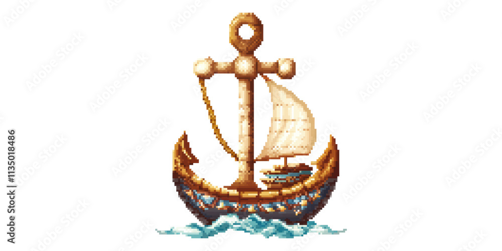 Poster sailing boat in pixel art style isolated on transparent background