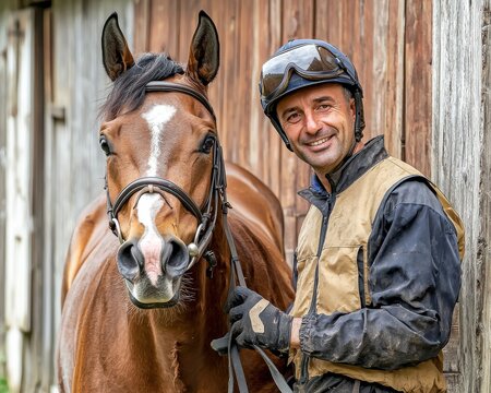 Jockey interacts with racehorse in calm moment before competition at a serene stable