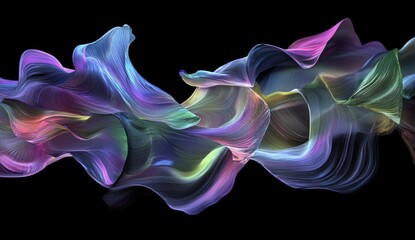 Abstract colorful flowing fabric waves on black background.