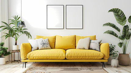 Yellow Sofa in Modern Living Room: A vibrant yellow sofa takes center stage in a bright and airy living room, complemented by lush greenery and minimalist decor.