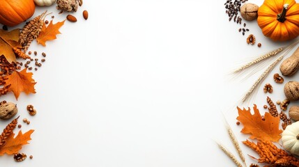 Harvest Bounty: Top View of Maple Leaves, Raw Vegetables, Pumpkins, and More on White Background for Thanksgiving Concept - Vertical Photo
