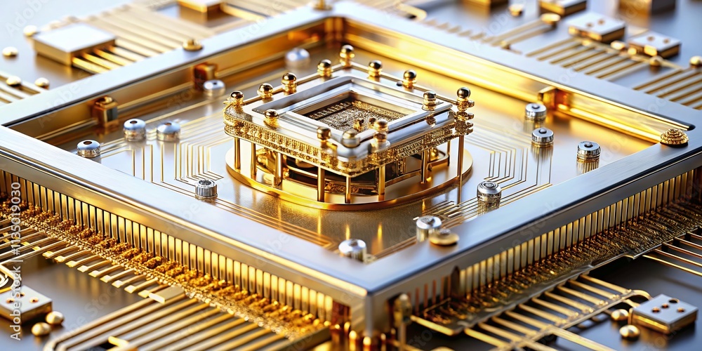 Poster isolated quantum computing and cryptography mechanism in gold and silver on white background - macro