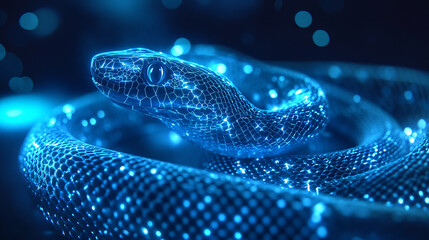 A futuristic snake icon glowing with species data, symbolizing online reptile care platforms, habitat tracking tools, and wildlife education resources. 
