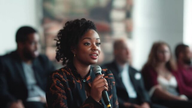 presentable black woman with a microphone in her hands, who is speaking in front of an audience on a small stage, smiling on her face