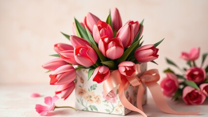 Obraz premium A Bouquet of Delicate Pink Tulips Adorned with a Peach Satin Bow, Nestled in a Floral-Patterned Box, Exudes Elegance and Springtime Charm
