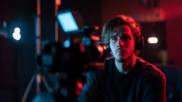 young white male influencer or content creator recording a video podcast or YouTube video. Speaking into camera