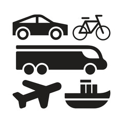 A vector pack of black and white transport silhouette icons, car, bicycle, bus, airplane, and ship illustration