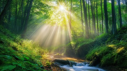 Obraz premium a dense forest covered in morning mist, with sunlight streaming through the trees and a small creek winding through. 