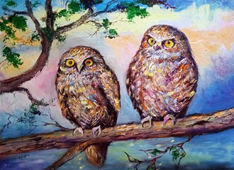original oil painting cute wood owl bird wild animals	