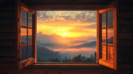 Mountain sunrise cabin view, cozy wooden cabin with a window view of sunrise over misty mountains