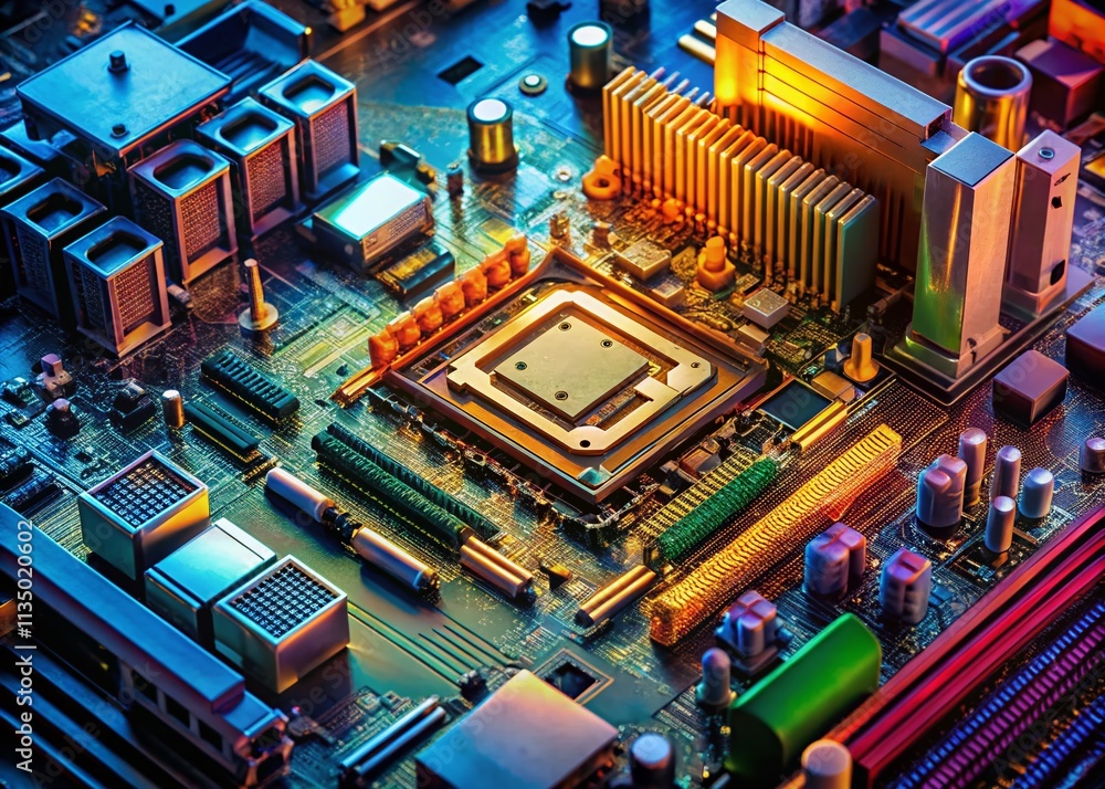 Poster isometric motherboard computer design showcasing intricate circuitry and components for technology e