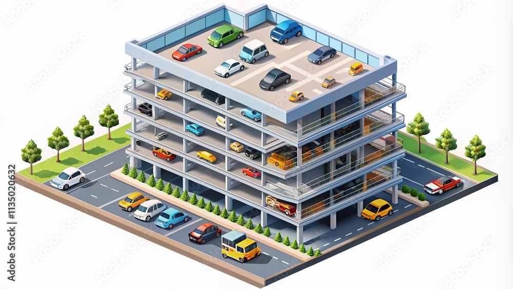 Poster isometric multilevel car parking building with efficient space utilization and modern design, showca