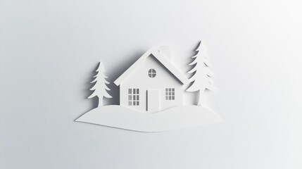 Winter Wonderland: A Papercut House nestled in a snowy landscape with evergreen trees, creating a serene and peaceful winter scene.