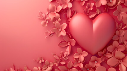 Floral Heart: A large, glossy red heart takes center stage amidst a delicate arrangement of pink blossoms, creating a romantic and delicate composition.