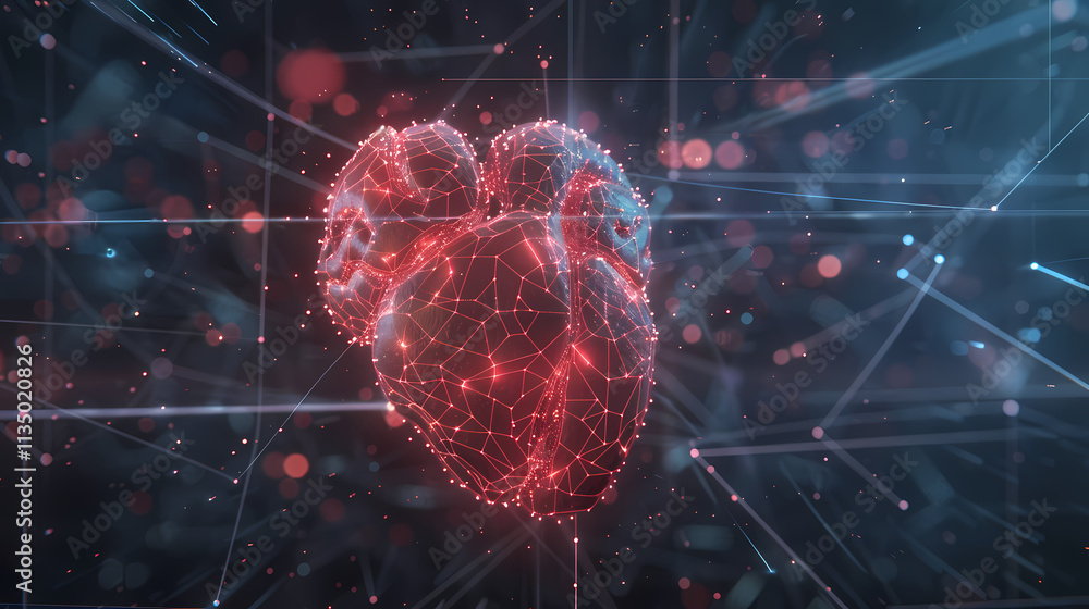 Poster digital heartbeat: a mesmerizing digital rendering of a human heart, composed of interconnected node