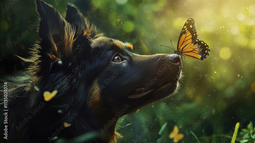 Poster a playful dog with a butterfly on its nose, showcasing a joyful and harmonious interaction in nature
