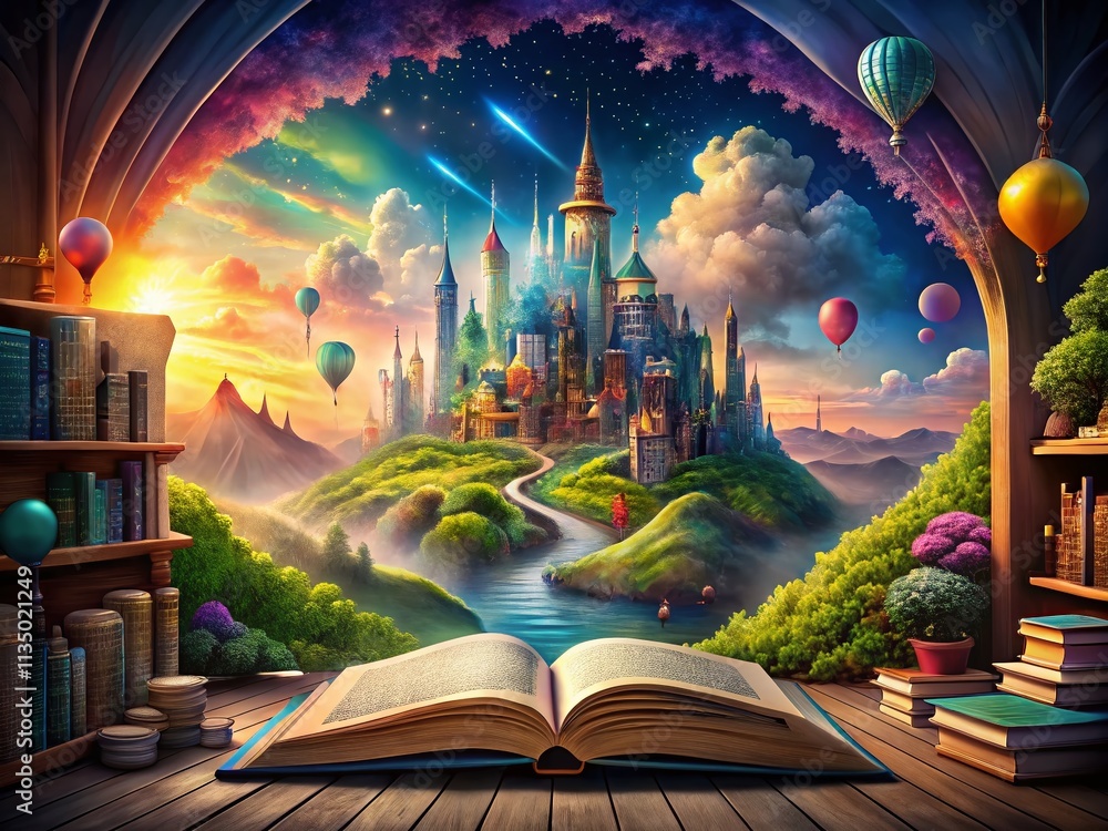 Poster journey into the realm of imagination with an open book awaken the minds canvas: architectural photo