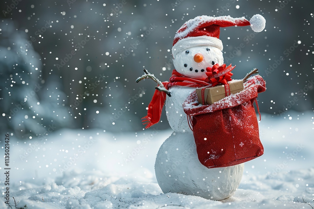 Poster over a setting of snowy, festive bokeh lighting, a snowman is holding a red sack full comprising mul