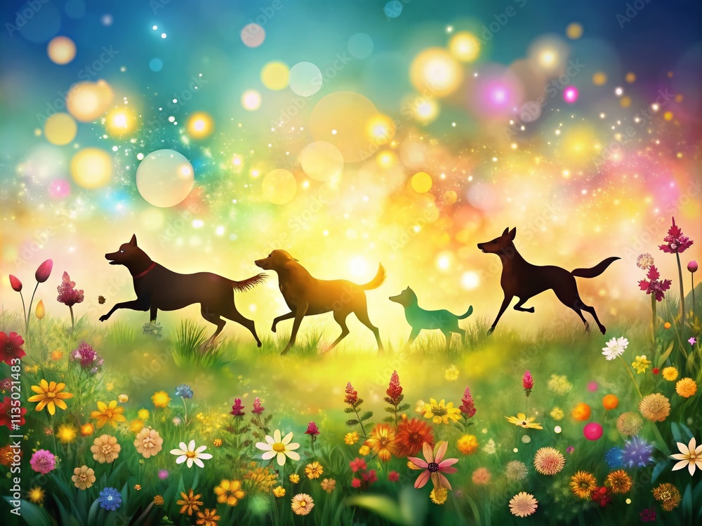Poster joyful dogs running in nature with bokeh effect - capture the essence of freedom and happiness in a 