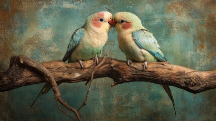Two Pastel Green Parakeets Perched on a Branch