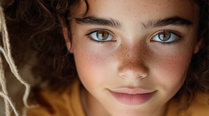 Fototapeta premium Serene Contemplation: Close-Up Portrait of Thoughtful Young Woman with Expressive Eyes and Curly Hair