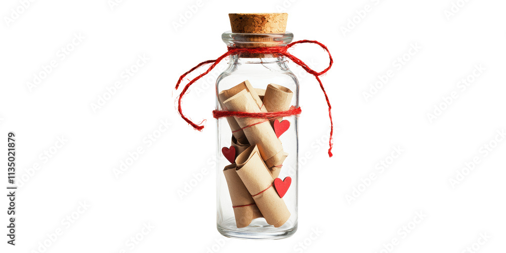 Poster glass jar with message twine and red hearts isolated on transparent background