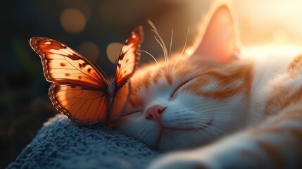 A vibrant butterfly on the nose of a sleepy cat, capturing a tender moment in natural harmony.