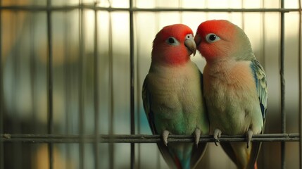 Obraz premium Two Rosy Faced Lovebirds Perched Close Together In A Cage