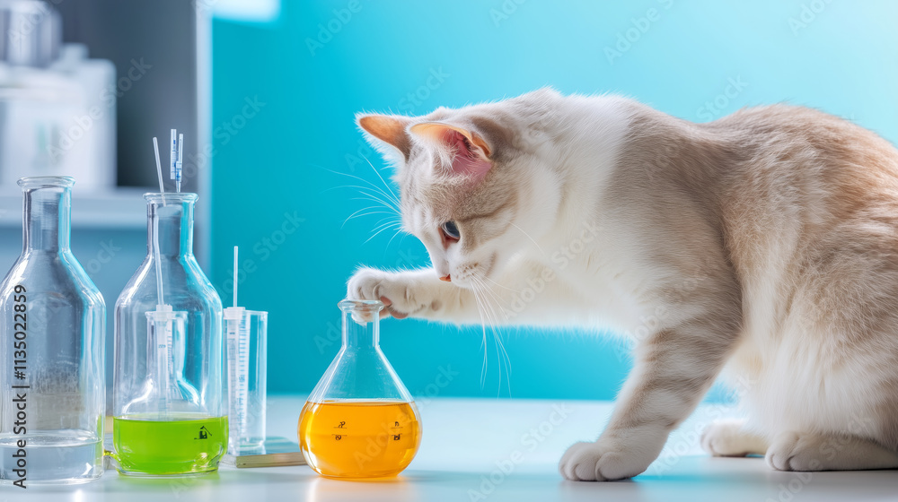 Poster cat conducts amusing experiment with colorful liquids