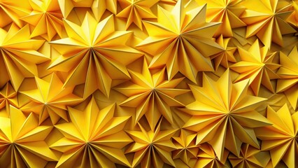 A close-up, abstract pattern of geometric, yellow, paper stars with folded points forming a textured, luminous background