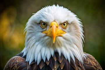 Obraz premium Bald eagle close-up with a fierce look against a soft background, close-up view