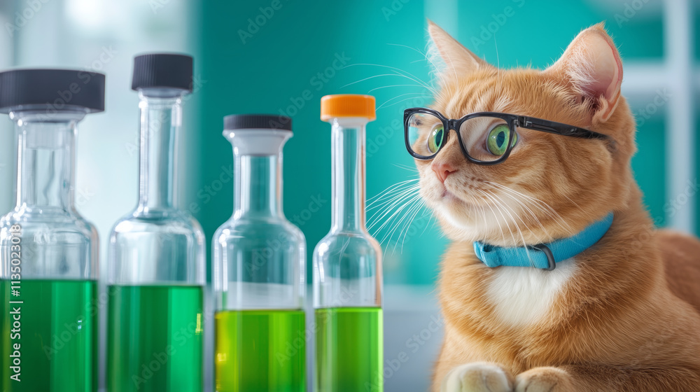 Aufkleber curious cat analyzes colorful liquids in a lab setting