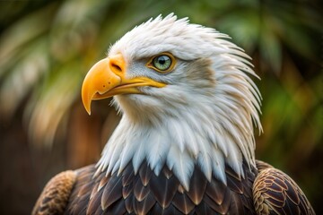 Obraz premium Bald eagle portrait with intense expression against a blurred green background, close-up view