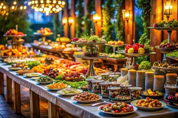 Fototapeta premium Lavish Buffet Setup for Celebratory Events Featuring Gourmet Dishes, Exquisite Appetizers, and Elegant Table Arrangements Perfect for Special Occasions and Gatherings
