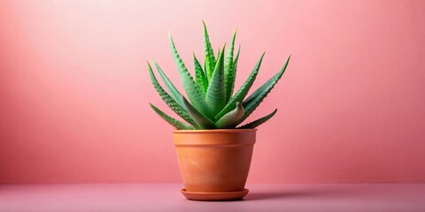 A vibrant green aloe vera plant in a terracotta pot, standing tall against a soft, pink background, creating a minimalist, yet striking, aesthetic.