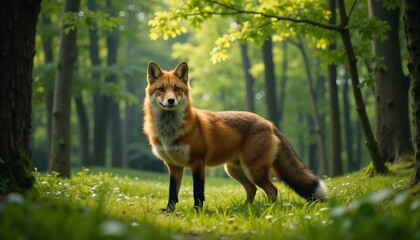 Alert Red Fox in Sunlit Forest Clearing with Bokeh Background