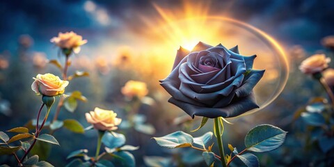 A single black rose blooms amidst a garden of soft yellow roses, bathed in the warm glow of the setting sun.