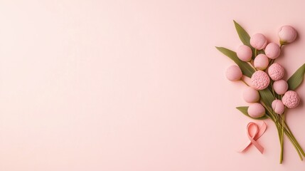 Fototapeta premium Pink Ribbon Bra with Eustoma Flowers on Soft Pink Background - Breast Cancer Awareness Concept with Copy Space
